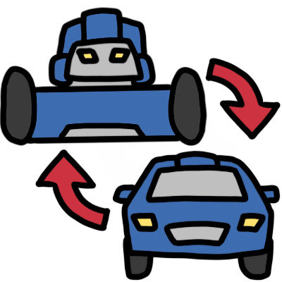 red arrows pointing between a blue car and a blue and grey mech. the mech is above the car